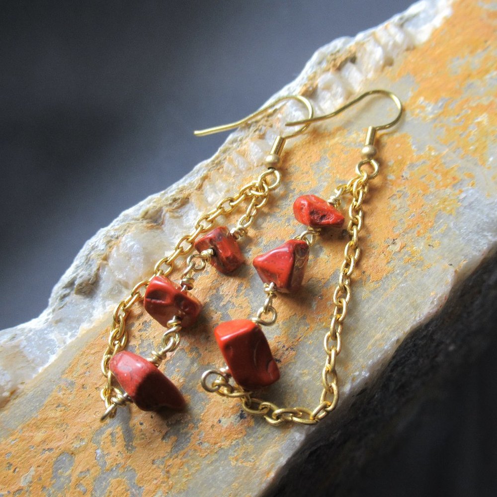 Red Jasper Rain Chain Earrings, Natural Jasper on Brass